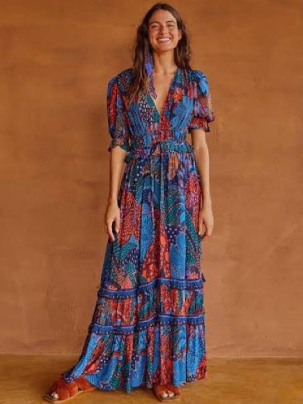 Farm Rio Blue Cool Leopard Ruffle Maxi Dress small fall wedding navy red blue